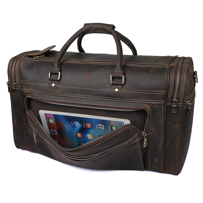 Zee Leather - Men's Crazy Horse Leather Travel Bag Cow Leather Big Travel Duffel Durable Cowhide Weekend Bag Man Genuine Leather Luggage Bag